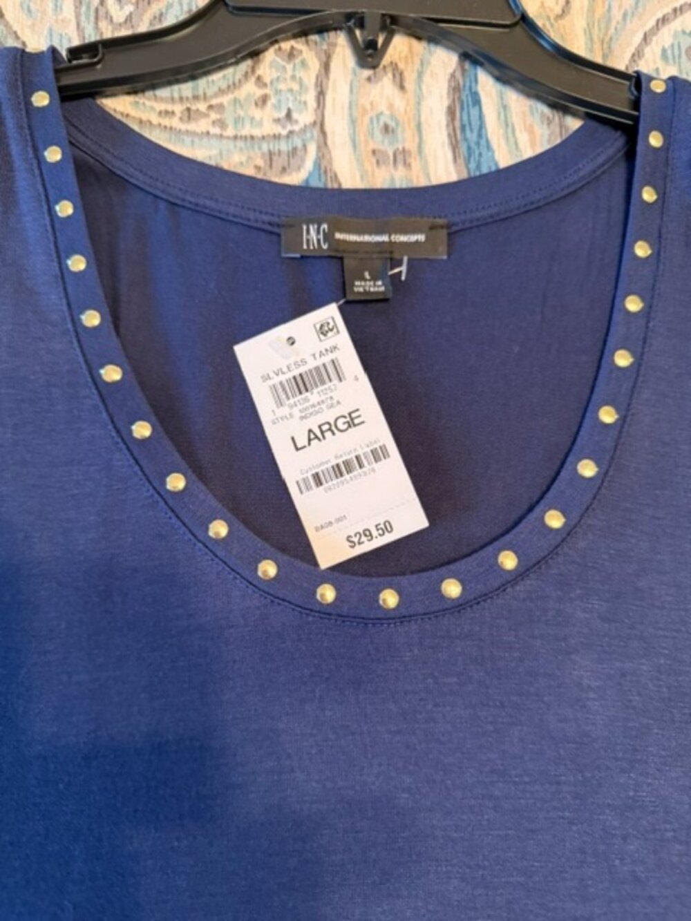 NWT, INC International Concepts, Embellished Scoop Navy Tank, Size Large